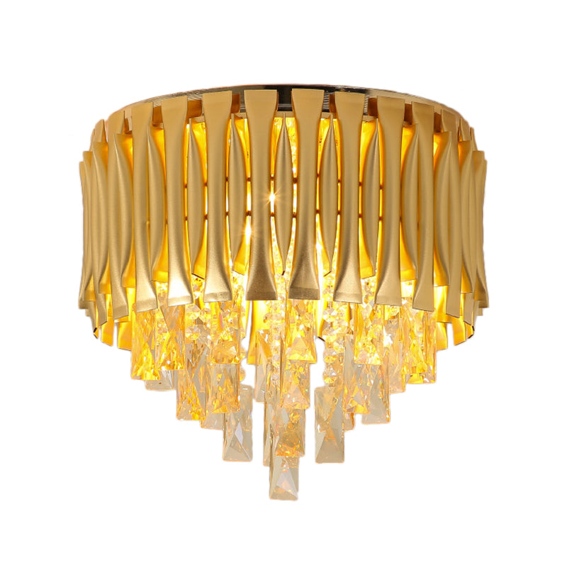 Drum Ceiling Light Fixture Modern Metal Shade 5 Lights Brass Flush Mount Light with Crystal Block Drop Clearhalo 'Ceiling Lights' 'Close To Ceiling Lights' 'Close to ceiling' 'Flush mount' Lighting' 220605