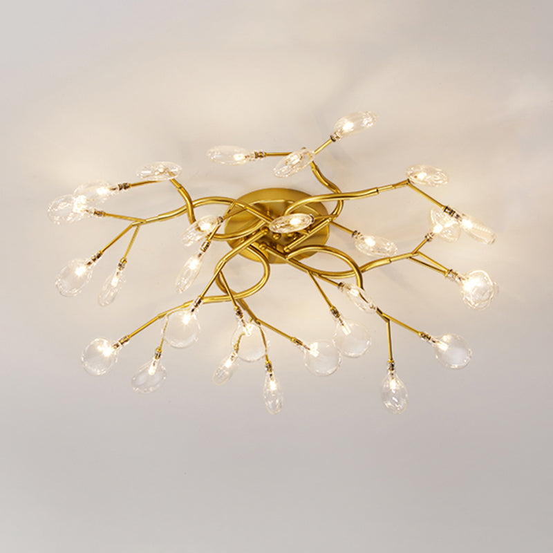 Tree Branch Living Room LED Semi Flush Light Metallic Post-Modern Flush Chandelier Light with Firefly Shade 28 Gold B Clearhalo 'Ceiling Lights' 'Close To Ceiling Lights' 'Close to ceiling' 'Semi-flushmount' Lighting' 2206065