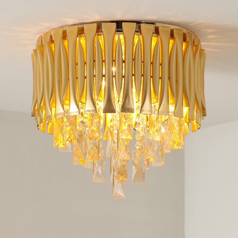 Drum Ceiling Light Fixture Modern Metal Shade 5 Lights Brass Flush Mount Light with Crystal Block Drop Brass Clearhalo 'Ceiling Lights' 'Close To Ceiling Lights' 'Close to ceiling' 'Flush mount' Lighting' 220607