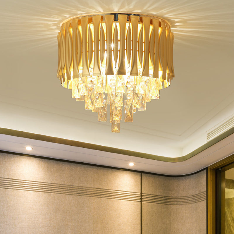 Drum Ceiling Light Fixture Modern Metal Shade 5 Lights Brass Flush Mount Light with Crystal Block Drop Clearhalo 'Ceiling Lights' 'Close To Ceiling Lights' 'Close to ceiling' 'Flush mount' Lighting' 220608