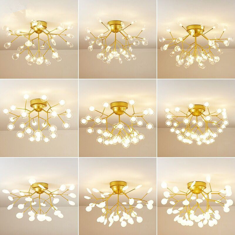 Nordic Firefly LED Semi Flush Light Glass Dining Room Flush Mount Ceiling Chandelier in Gold Clearhalo 'Ceiling Lights' 'Close To Ceiling Lights' 'Close to ceiling' 'Semi-flushmount' Lighting' 2206086