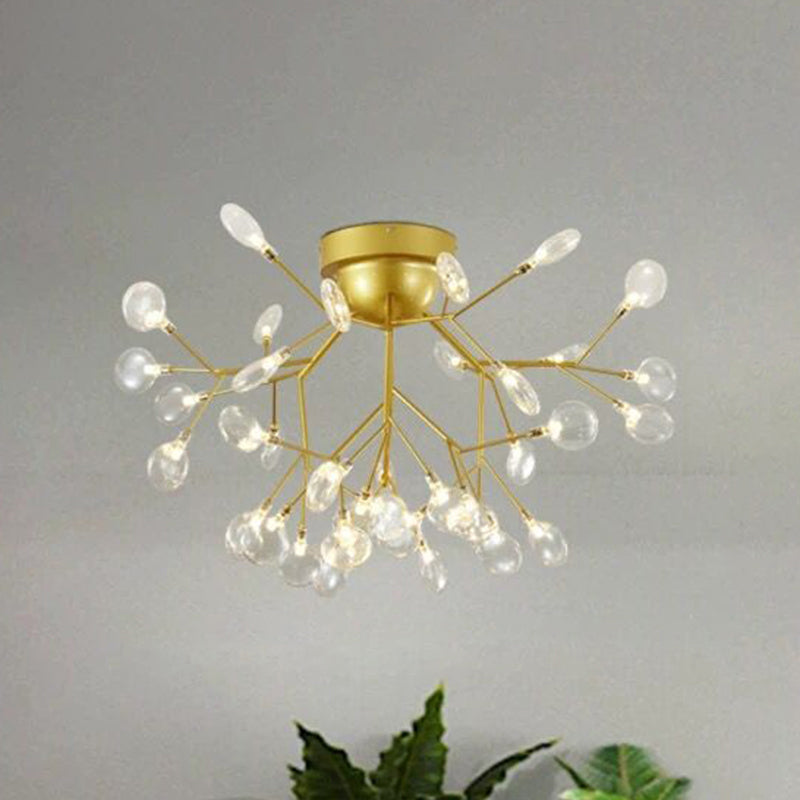 Nordic Firefly LED Semi Flush Light Glass Dining Room Flush Mount Ceiling Chandelier in Gold 36 Gold B Clearhalo 'Ceiling Lights' 'Close To Ceiling Lights' 'Close to ceiling' 'Semi-flushmount' Lighting' 2206089