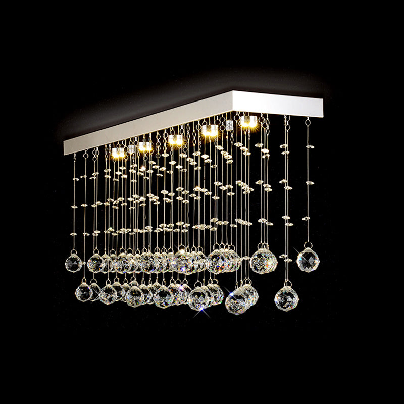 Rectangular Flush Mount Light Modern Faceted Crystal Ball 4 Lights Silver Ceiling Light for Dining Room, 23.5"/31.5"/39" Wide Clearhalo 'Ceiling Lights' 'Close To Ceiling Lights' 'Close to ceiling' 'Flush mount' Lighting' 220648