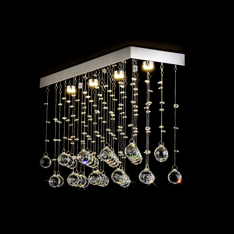 Rectangular Flush Mount Light Modern Faceted Crystal Ball 4 Lights Silver Ceiling Light for Dining Room, 23.5"/31.5"/39" Wide Clearhalo 'Ceiling Lights' 'Close To Ceiling Lights' 'Close to ceiling' 'Flush mount' Lighting' 220651