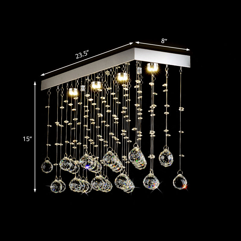 Rectangular Flush Mount Light Modern Faceted Crystal Ball 4 Lights Silver Ceiling Light for Dining Room, 23.5"/31.5"/39" Wide Clearhalo 'Ceiling Lights' 'Close To Ceiling Lights' 'Close to ceiling' 'Flush mount' Lighting' 220652