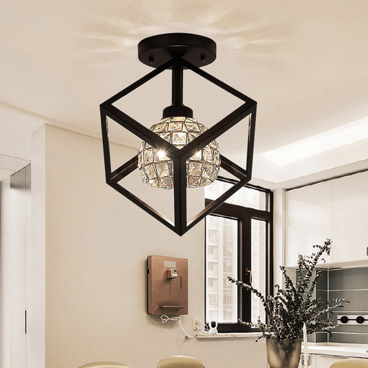 1 Light Dining Room Semi Flush Mount Modern Black Ceiling Light with Dome Crystal Shade and Cubic Frame Black Clearhalo 'Ceiling Lights' 'Close To Ceiling Lights' 'Close to ceiling' 'Semi-flushmount' Lighting' 220658