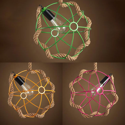 Pink/Yellow 1 Light Hanging Lamp Nautical Style Metal Global Cage Ceiling Pendant Light with Adjustable Rope Clearhalo 'Ceiling Lights' 'Industrial Pendants' 'Industrial' 'Middle Century Pendants' 'Pendant Lights' 'Pendants' 'Tiffany' Lighting' 22067