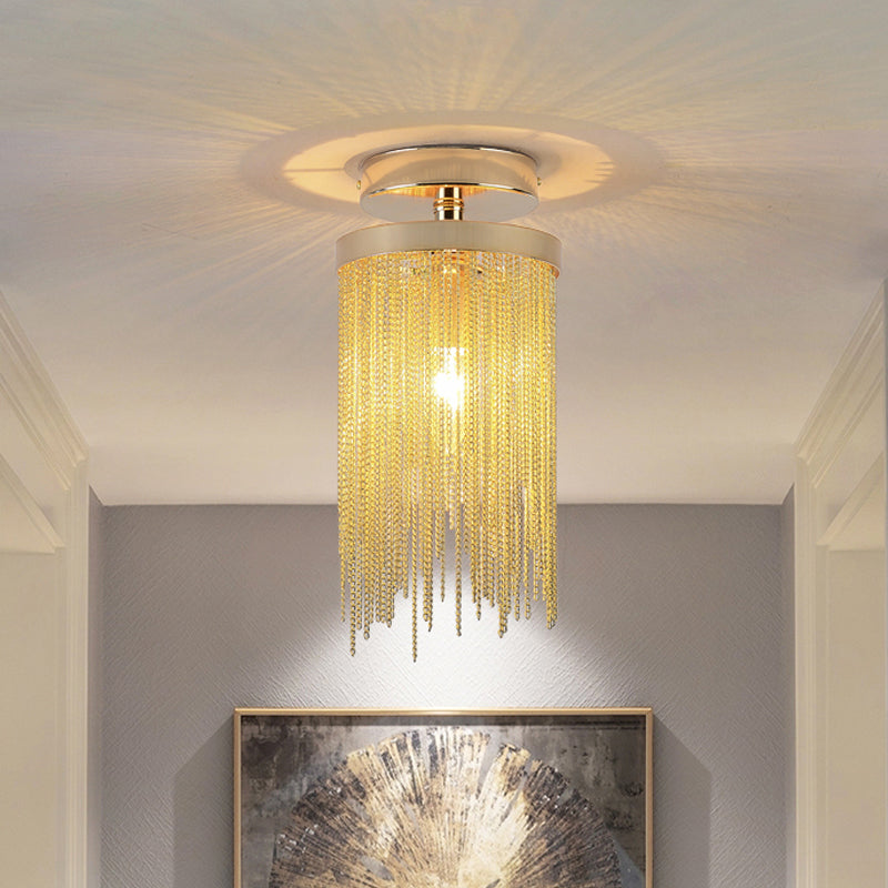 Cylinder Semi Flush Mount Light Modern Crystal Strand 1 Light Blue/Green/Chrome Ceiling Light Clearhalo 'Ceiling Lights' 'Close To Ceiling Lights' 'Close to ceiling' 'Semi-flushmount' Lighting' 220679