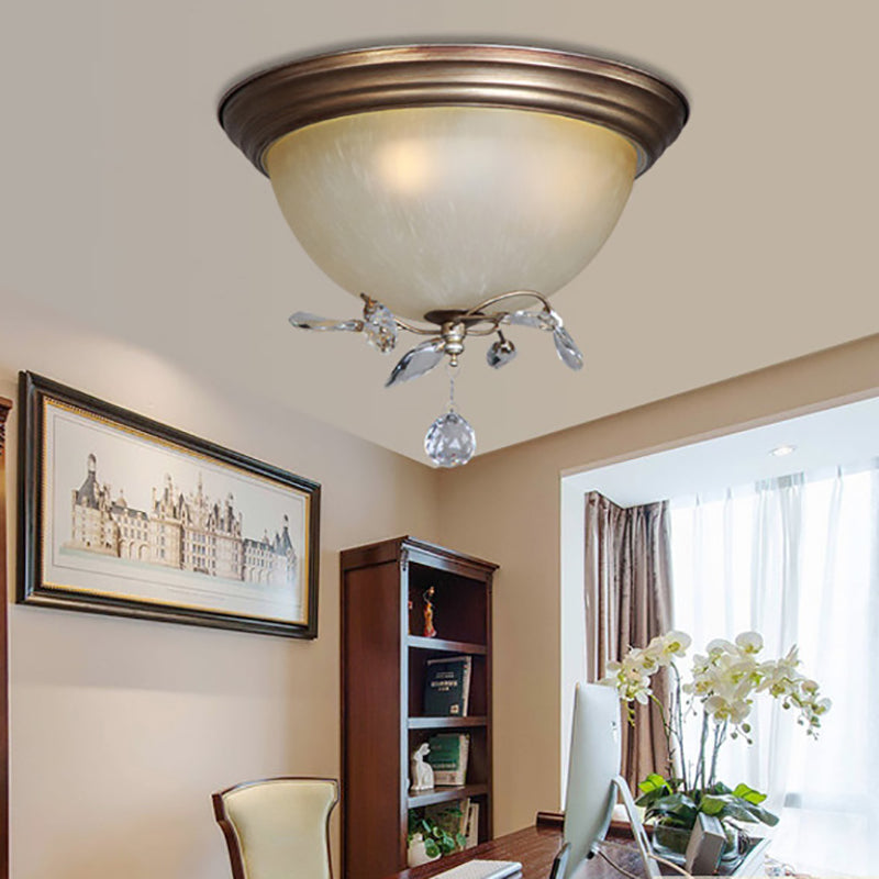 Rustic Dome Ceiling Fixture Glass Shade 3 Lights Bedroom Flush Mount Light with Crystal Drop Clearhalo 'Ceiling Lights' 'Close To Ceiling Lights' 'Close to ceiling' 'Flush mount' Lighting' 220685