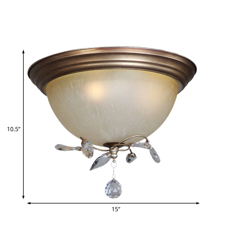 Rustic Dome Ceiling Fixture Glass Shade 3 Lights Bedroom Flush Mount Light with Crystal Drop Clearhalo 'Ceiling Lights' 'Close To Ceiling Lights' 'Close to ceiling' 'Flush mount' Lighting' 220688
