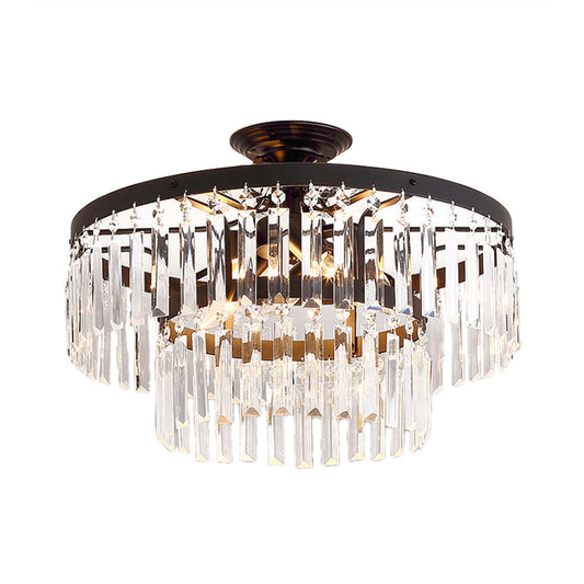 Modern 2 Tiers Semi Flush Mount Light Tri-Sided Crystal Rod 5 Lights Living Room Ceiling Fixture in Black/Gold Clearhalo 'Ceiling Lights' 'Close To Ceiling Lights' 'Close to ceiling' 'Semi-flushmount' Lighting' 220697