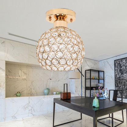 Metal and Crystal Dome Ceiling Fixture Modern Light Gold Semi