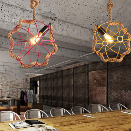 Pink/Yellow 1 Light Hanging Lamp Nautical Style Metal Global Cage Ceiling Pendant Light with Adjustable Rope Clearhalo 'Ceiling Lights' 'Industrial Pendants' 'Industrial' 'Middle Century Pendants' 'Pendant Lights' 'Pendants' 'Tiffany' Lighting' 22071