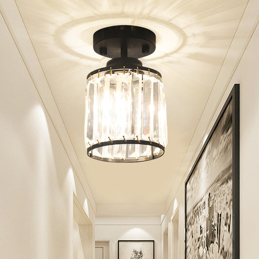 1 Light Corridor Semi Flush Light Contemporary Gold/Black Ceiling Light with Cylinder Crystal Block Shade Black Clearhalo 'Ceiling Lights' 'Close To Ceiling Lights' 'Close to ceiling' 'Semi-flushmount' Lighting' 220738