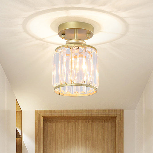 1 Light Corridor Semi Flush Light Contemporary Gold/Black Ceiling Light with Cylinder Crystal Block Shade Clearhalo 'Ceiling Lights' 'Close To Ceiling Lights' 'Close to ceiling' 'Semi-flushmount' Lighting' 220741