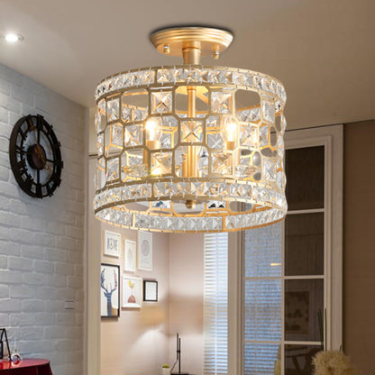Modernism 3/4/6 Lights Semi Flush Light with Metal and Crystal Shade Gold Drum Ceiling Fixture, 12"/16"/23.5" Wide Gold 12" Clearhalo 'Ceiling Lights' 'Close To Ceiling Lights' 'Close to ceiling' 'Semi-flushmount' Lighting' 220900