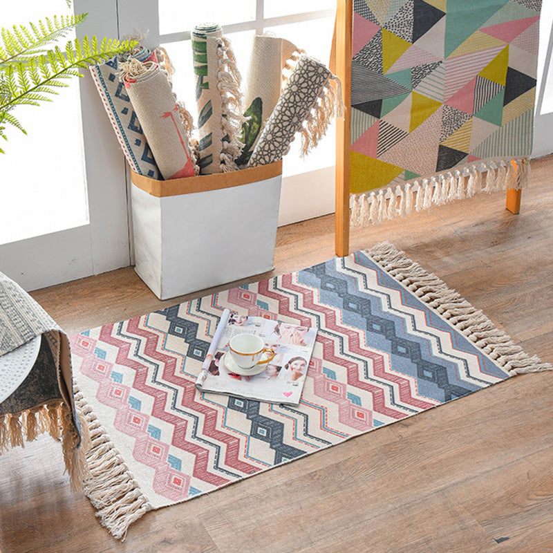 Retro Multi Color Moroccan Rug Cotton Blend Tribal Symbols Carpet Machine Washable Rug with Tassel for Room Clearhalo 'Area Rug' 'Moroccan' 'Rugs' Rug' 2209329