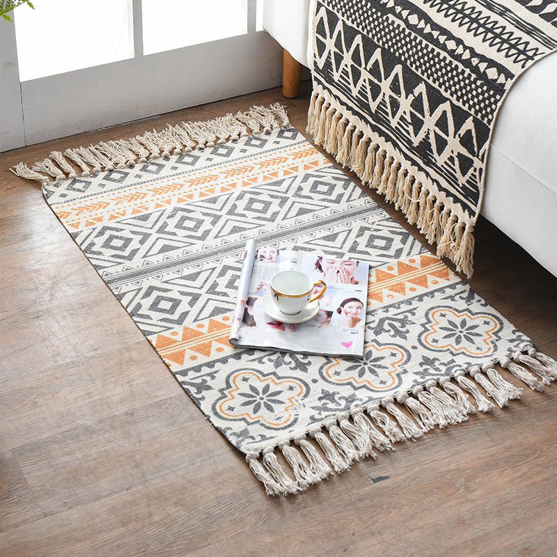 Retro Multi Color Moroccan Rug Cotton Blend Tribal Symbols Carpet Machine Washable Rug with Tassel for Room Yellow-Red Clearhalo 'Area Rug' 'Moroccan' 'Rugs' Rug' 2209341