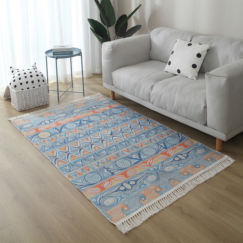 Western Living Room Rug Multi Color Geo Patterned Rug Cotton Blend Washable Hand-Woven Carpet with Tassel Blue Clearhalo 'Area Rug' 'Moroccan' 'Rugs' Rug' 2209608