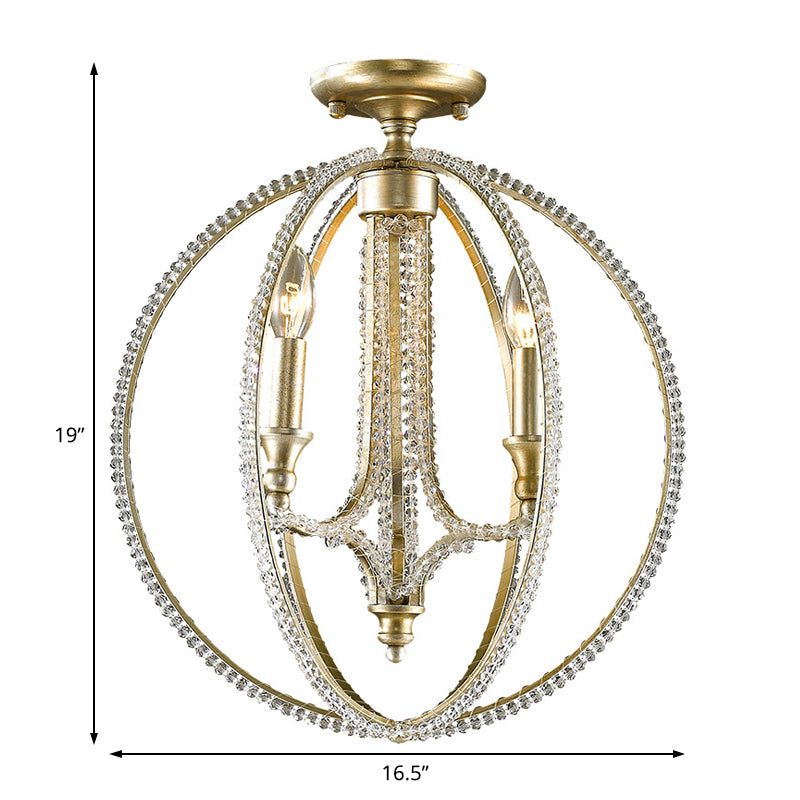 Orb Frame Semi Flush Mount Light Modernism Metal and Crystal 3 Lights Gold Ceiling Light Clearhalo 'Ceiling Lights' 'Close To Ceiling Lights' 'Close to ceiling' 'Semi-flushmount' Lighting' 220975