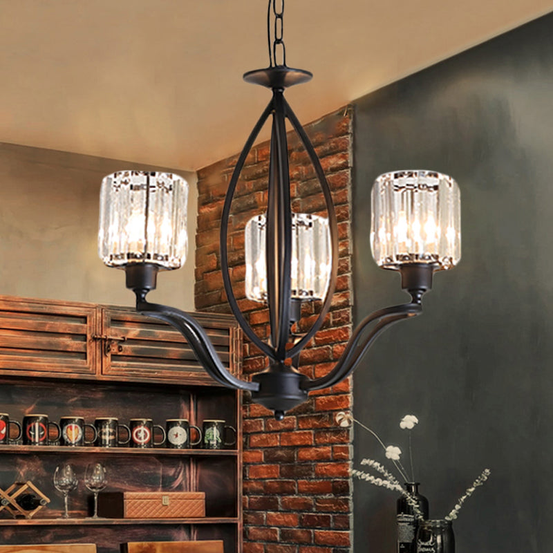 Simple Cylinder Chandelier Light Crystal Block 3/6 Lights Bedroom Ceiling Light Fixture in Black 3 Black Clearhalo 'Ceiling Lights' 'Chandeliers' 'Glass shade' 'Glass' 'Modern Chandeliers' 'Modern' Lighting' 221097