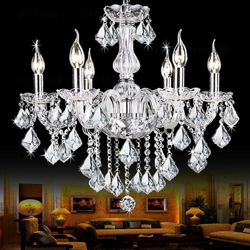 Candelabra Chandelier Lamp Contemporary Clear Glass 6 Lights Living Room with Crystal Accent Clearhalo 'Ceiling Lights' 'Chandeliers' 'Clear' 'Industrial' 'Modern Chandeliers' 'Modern' 'Tiffany' 'Traditional Chandeliers' Lighting' 221122