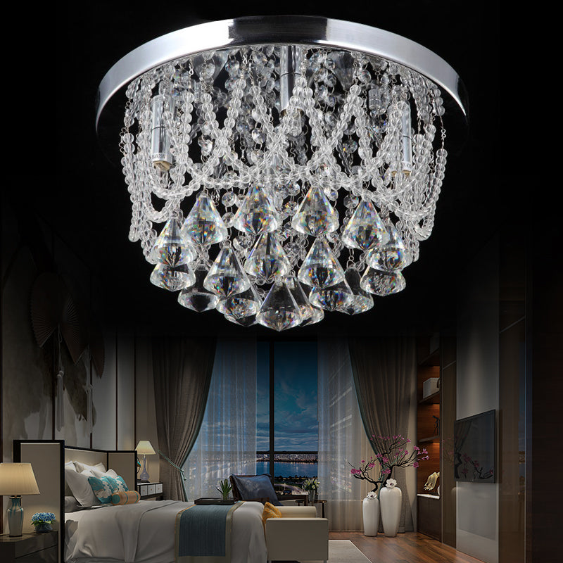 Dome Flush Light Fixture Modern Crystal Strand 3 Lights 14"/18" Wide Chrome Ceiling Lamp for Bedroom Chrome 14" Clearhalo 'Ceiling Lights' 'Close To Ceiling Lights' 'Close to ceiling' 'Flush mount' Lighting' 221140