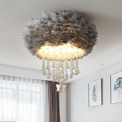 Nordic Cloud Flush Light White/Pink/Black Feather 2/3/4 Lights Bedroom Ceiling Lamp with Crystal Drop, 16"/19.5"/23.5" W Grey Clearhalo 'Ceiling Lights' 'Close To Ceiling Lights' 'Close to ceiling' 'Flush mount' Lighting' 221222