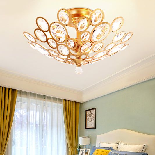 3 Lights Bedroom Flush Light Fixture with Dome Metal and Crystal Shade Modern Gold Ceiling Light Clearhalo 'Ceiling Lights' 'Close To Ceiling Lights' 'Close to ceiling' 'Semi-flushmount' Lighting' 221266
