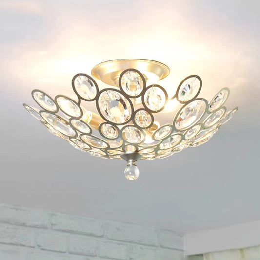 Dome Flush Mount Light Contemporary Metal and Crystal 3 Lights Silver Ceiling Mounted Light Silver Clearhalo 'Ceiling Lights' 'Close To Ceiling Lights' 'Close to ceiling' 'Semi-flushmount' Lighting' 221272