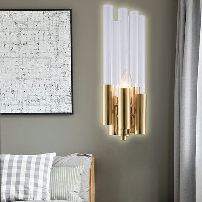 Postmodern 1 Light Sconce Light with Flute Crystal Shade Gold Candelabra Wall Mount Light Gold Clearhalo 'Cast Iron' 'Glass' 'Industrial' 'Modern wall lights' 'Modern' 'Tiffany' 'Traditional wall lights' 'Wall Lamps & Sconces' 'Wall Lights' Lighting' 221488