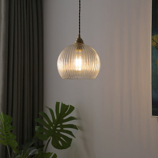 Globe Ribbed Glass Pendant Lighting Antique 1-Light Restaurant Hanging Light Fixture Clear Clearhalo 'Ceiling Lights' 'Glass shade' 'Glass' 'Industrial Pendants' 'Industrial' 'Middle Century Pendants' 'Pendant Lights' 'Pendants' 'Tiffany' Lighting' 2216336