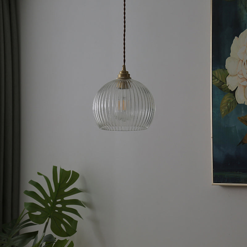 Globe Ribbed Glass Pendant Lighting Antique 1-Light Restaurant Hanging Light Fixture Clearhalo 'Ceiling Lights' 'Glass shade' 'Glass' 'Industrial Pendants' 'Industrial' 'Middle Century Pendants' 'Pendant Lights' 'Pendants' 'Tiffany' Lighting' 2216339