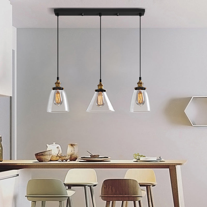 Industrial Shaded Multi Light Pendant 3 Bulbs Clear Glass Hanging Lighting for Dining Room Clearhalo 'Ceiling Lights' 'Glass shade' 'Glass' 'Industrial Pendants' 'Industrial' 'Middle Century Pendants' 'Pendant Lights' 'Pendants' 'Tiffany' Lighting' 2216389