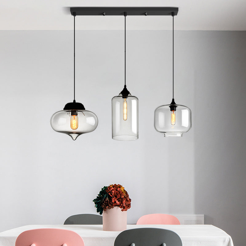 Industrial Shaded Multi Light Pendant 3 Bulbs Clear Glass Hanging Lighting for Dining Room Clear O Clearhalo 'Ceiling Lights' 'Glass shade' 'Glass' 'Industrial Pendants' 'Industrial' 'Middle Century Pendants' 'Pendant Lights' 'Pendants' 'Tiffany' Lighting' 2216390