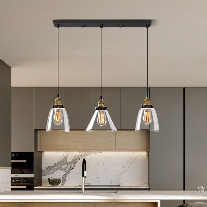 Industrial Shaded Multi Light Pendant 3 Bulbs Clear Glass Hanging Lighting for Dining Room Clearhalo 'Ceiling Lights' 'Glass shade' 'Glass' 'Industrial Pendants' 'Industrial' 'Middle Century Pendants' 'Pendant Lights' 'Pendants' 'Tiffany' Lighting' 2216393