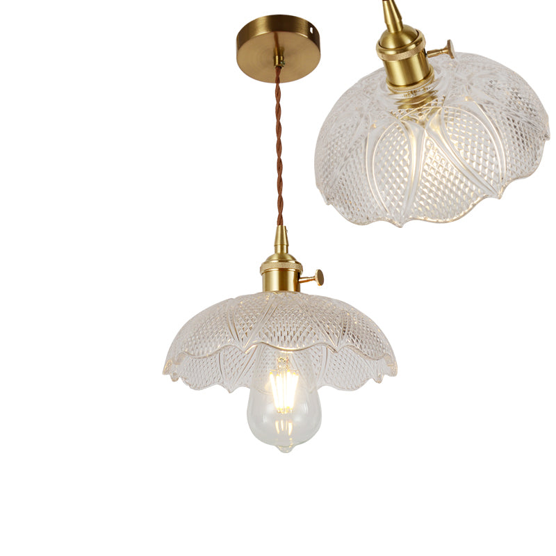 Single-Bulb Hanging Lamp Vintage Shaded Ribbed Glass Lighting Pendant in Brass for Dining Room Brass I Clearhalo 'Ceiling Lights' 'Glass shade' 'Glass' 'Industrial Pendants' 'Industrial' 'Middle Century Pendants' 'Pendant Lights' 'Pendants' 'Tiffany' Lighting' 2216428