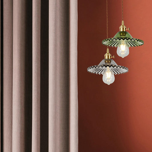 Single-Bulb Hanging Lamp Vintage Shaded Ribbed Glass Lighting Pendant in Brass for Dining Room Clearhalo 'Ceiling Lights' 'Glass shade' 'Glass' 'Industrial Pendants' 'Industrial' 'Middle Century Pendants' 'Pendant Lights' 'Pendants' 'Tiffany' Lighting' 2216429