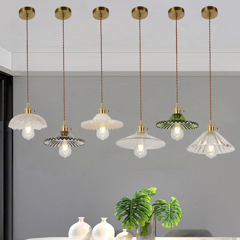 Single-Bulb Hanging Lamp Vintage Shaded Ribbed Glass Lighting Pendant in Brass for Dining Room Clearhalo 'Ceiling Lights' 'Glass shade' 'Glass' 'Industrial Pendants' 'Industrial' 'Middle Century Pendants' 'Pendant Lights' 'Pendants' 'Tiffany' Lighting' 2216430