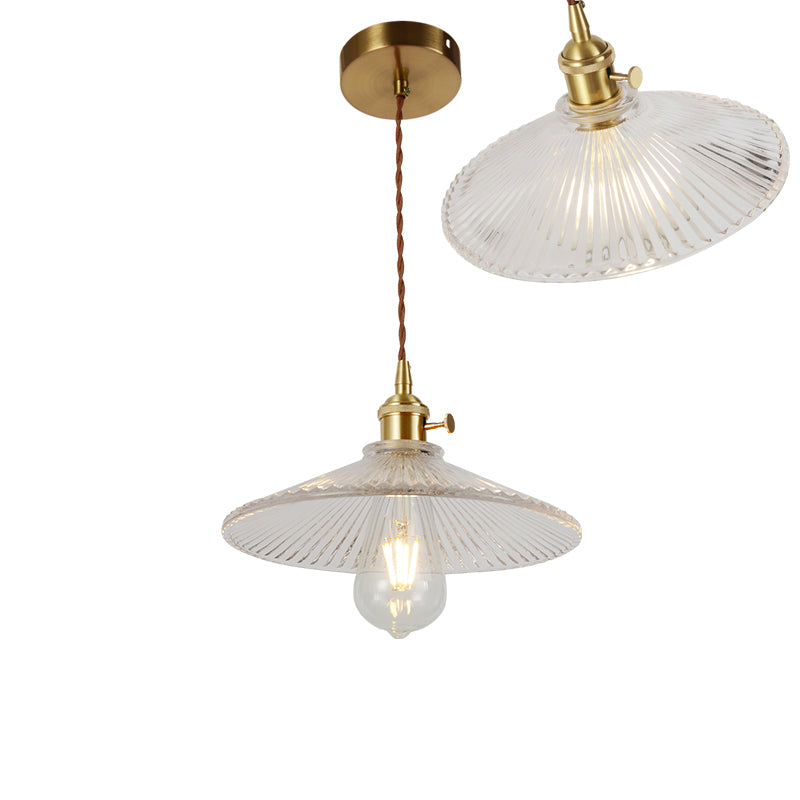 Single-Bulb Hanging Lamp Vintage Shaded Ribbed Glass Lighting Pendant in Brass for Dining Room Brass L Clearhalo 'Ceiling Lights' 'Glass shade' 'Glass' 'Industrial Pendants' 'Industrial' 'Middle Century Pendants' 'Pendant Lights' 'Pendants' 'Tiffany' Lighting' 2216431