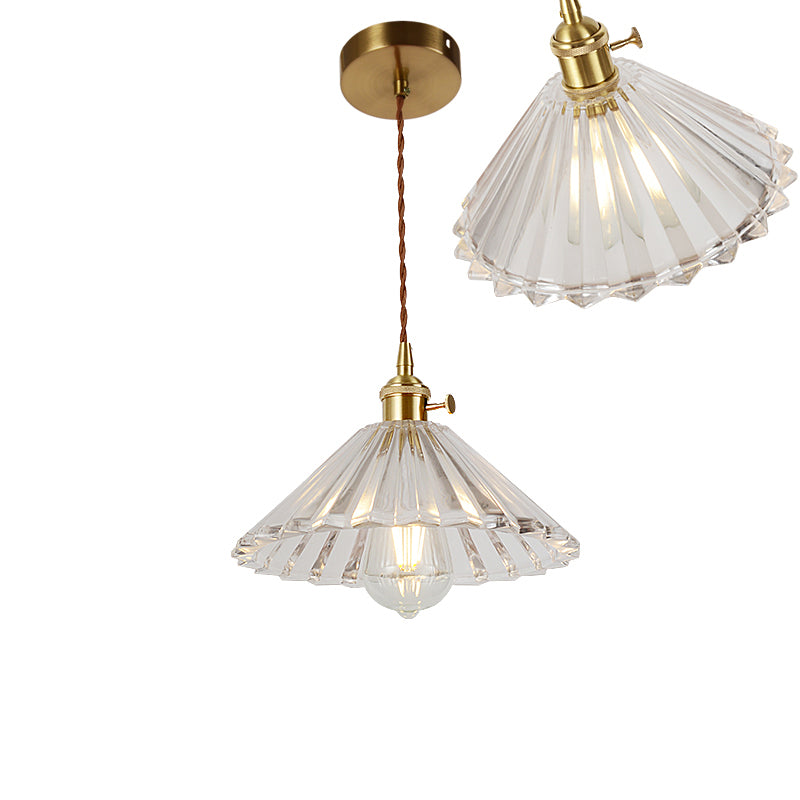 Single-Bulb Hanging Lamp Vintage Shaded Ribbed Glass Lighting Pendant in Brass for Dining Room Brass K Clearhalo 'Ceiling Lights' 'Glass shade' 'Glass' 'Industrial Pendants' 'Industrial' 'Middle Century Pendants' 'Pendant Lights' 'Pendants' 'Tiffany' Lighting' 2216432