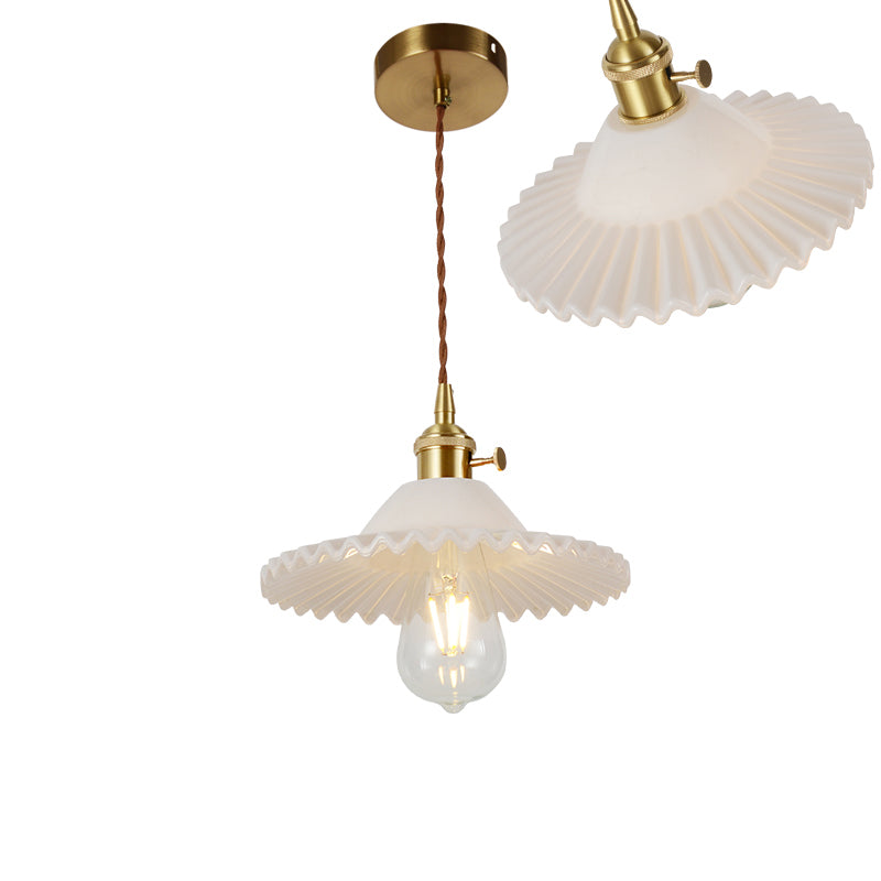 Single-Bulb Hanging Lamp Vintage Shaded Ribbed Glass Lighting Pendant in Brass for Dining Room Brass J Clearhalo 'Ceiling Lights' 'Glass shade' 'Glass' 'Industrial Pendants' 'Industrial' 'Middle Century Pendants' 'Pendant Lights' 'Pendants' 'Tiffany' Lighting' 2216434