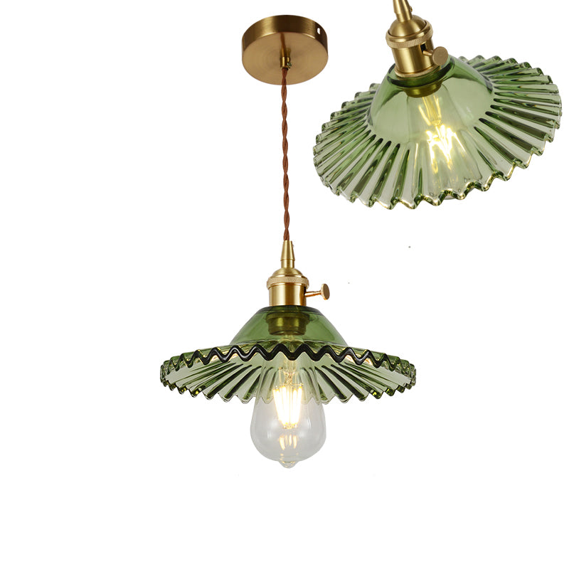 Single-Bulb Hanging Lamp Vintage Shaded Ribbed Glass Lighting Pendant in Brass for Dining Room Brass H Clearhalo 'Ceiling Lights' 'Glass shade' 'Glass' 'Industrial Pendants' 'Industrial' 'Middle Century Pendants' 'Pendant Lights' 'Pendants' 'Tiffany' Lighting' 2216435
