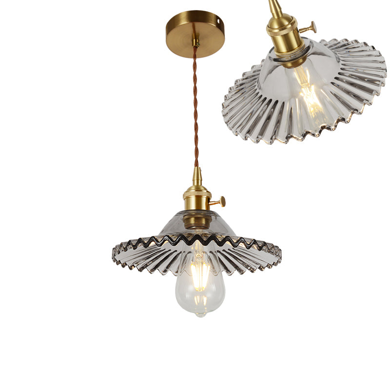 Single-Bulb Hanging Lamp Vintage Shaded Ribbed Glass Lighting Pendant in Brass for Dining Room Brass G Clearhalo 'Ceiling Lights' 'Glass shade' 'Glass' 'Industrial Pendants' 'Industrial' 'Middle Century Pendants' 'Pendant Lights' 'Pendants' 'Tiffany' Lighting' 2216436