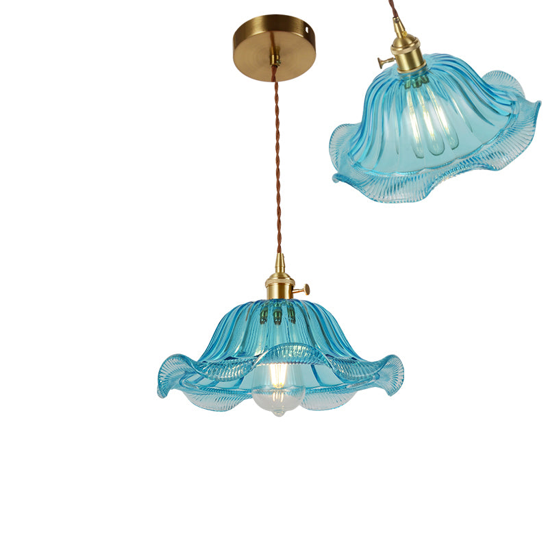 Single-Bulb Hanging Lamp Vintage Shaded Ribbed Glass Lighting Pendant in Brass for Dining Room Brass E Clearhalo 'Ceiling Lights' 'Glass shade' 'Glass' 'Industrial Pendants' 'Industrial' 'Middle Century Pendants' 'Pendant Lights' 'Pendants' 'Tiffany' Lighting' 2216438