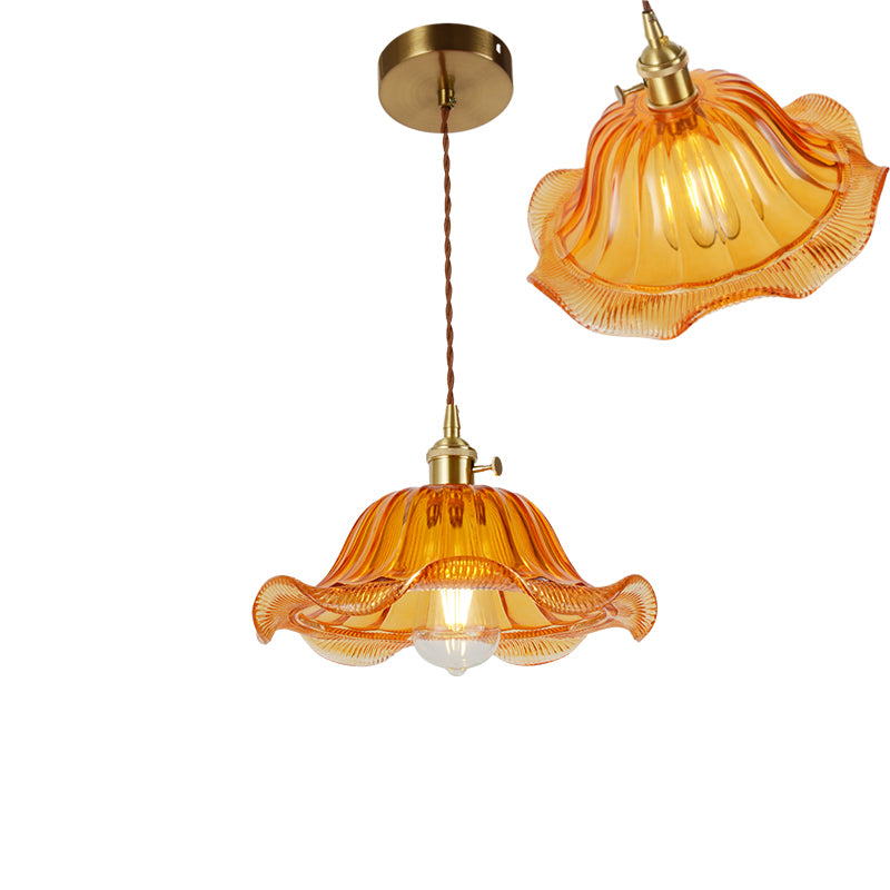 Single-Bulb Hanging Lamp Vintage Shaded Ribbed Glass Lighting Pendant in Brass for Dining Room Brass D Clearhalo 'Ceiling Lights' 'Glass shade' 'Glass' 'Industrial Pendants' 'Industrial' 'Middle Century Pendants' 'Pendant Lights' 'Pendants' 'Tiffany' Lighting' 2216439