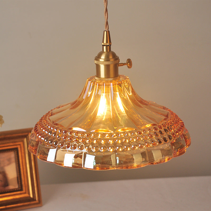 Amber Glass Pot Lid Hanging Light Simplicity 1��Bulb Restaurant Pendant Light Fixture Amber Clearhalo 'Ceiling Lights' 'Glass shade' 'Glass' 'Industrial Pendants' 'Industrial' 'Middle Century Pendants' 'Pendant Lights' 'Pendants' 'Tiffany' Lighting' 2216455
