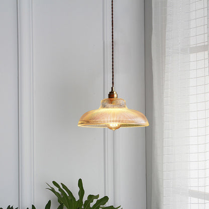 Retro Style Pot Cover Hanging Lamp Single-Bulb Clear Ribbed Glass Lighting Pendant for Dining Room Clear Clearhalo 'Ceiling Lights' 'Glass shade' 'Glass' 'Industrial Pendants' 'Industrial' 'Middle Century Pendants' 'Pendant Lights' 'Pendants' 'Tiffany' Lighting' 2216461