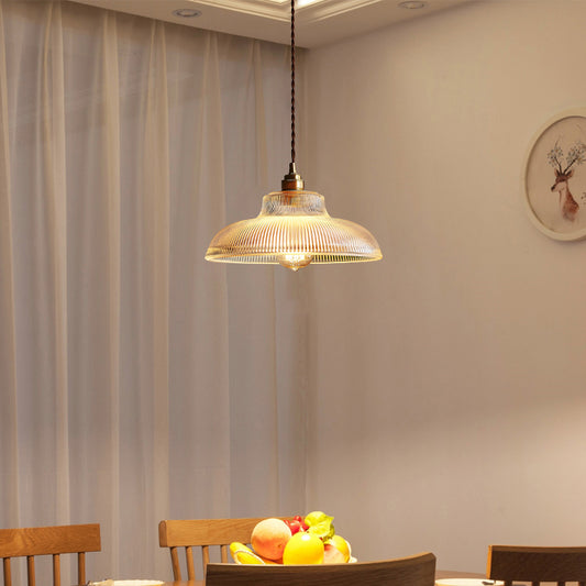 Retro Style Pot Cover Hanging Lamp Single-Bulb Clear Ribbed Glass Lighting Pendant for Dining Room Clearhalo 'Ceiling Lights' 'Glass shade' 'Glass' 'Industrial Pendants' 'Industrial' 'Middle Century Pendants' 'Pendant Lights' 'Pendants' 'Tiffany' Lighting' 2216464