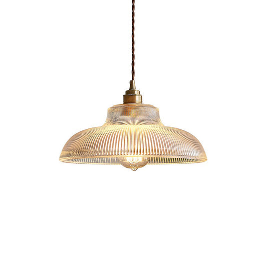 Retro Style Pot Cover Hanging Lamp Single-Bulb Clear Ribbed Glass Lighting Pendant for Dining Room Clearhalo 'Ceiling Lights' 'Glass shade' 'Glass' 'Industrial Pendants' 'Industrial' 'Middle Century Pendants' 'Pendant Lights' 'Pendants' 'Tiffany' Lighting' 2216465